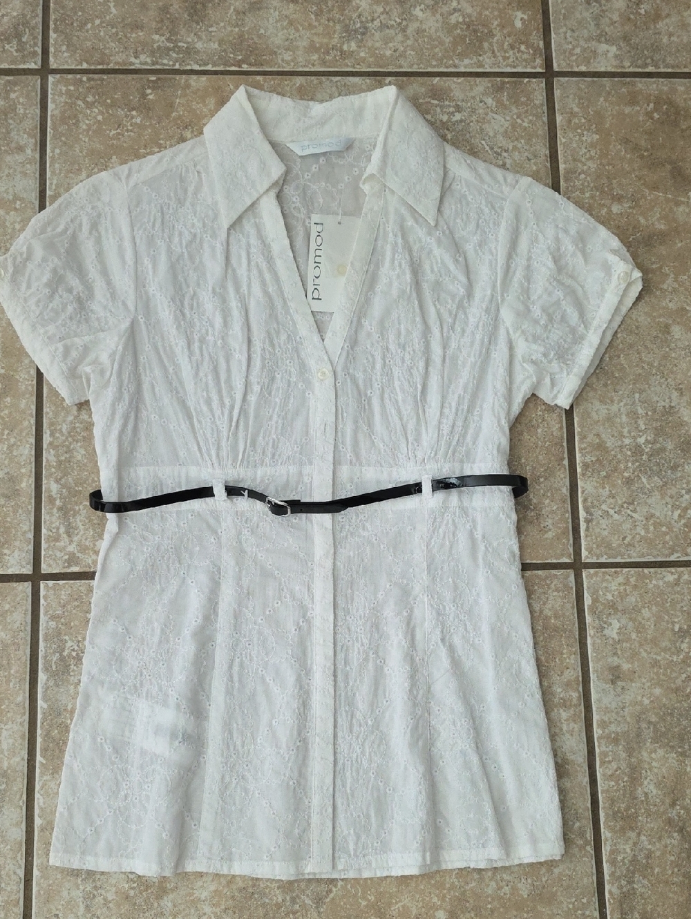 Promod White Eyelet Button-Front Blouse with Black Waist Belt
